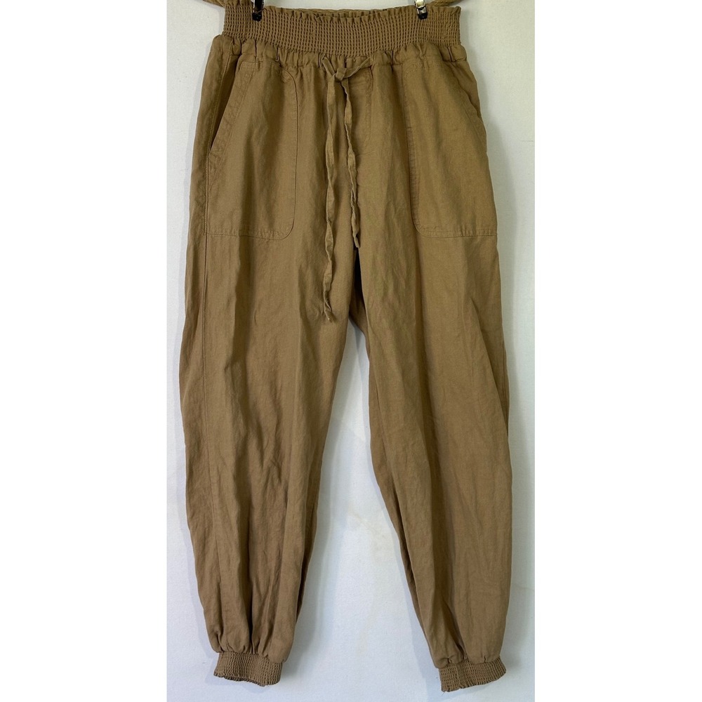 Love Tree Jogger Pants Smocked Linen Blend Womens Medium Tan Excellent